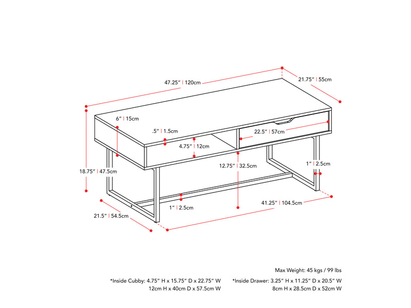 white Modern Rectangular Coffee Table Marley Collection measurements diagram by CorLiving