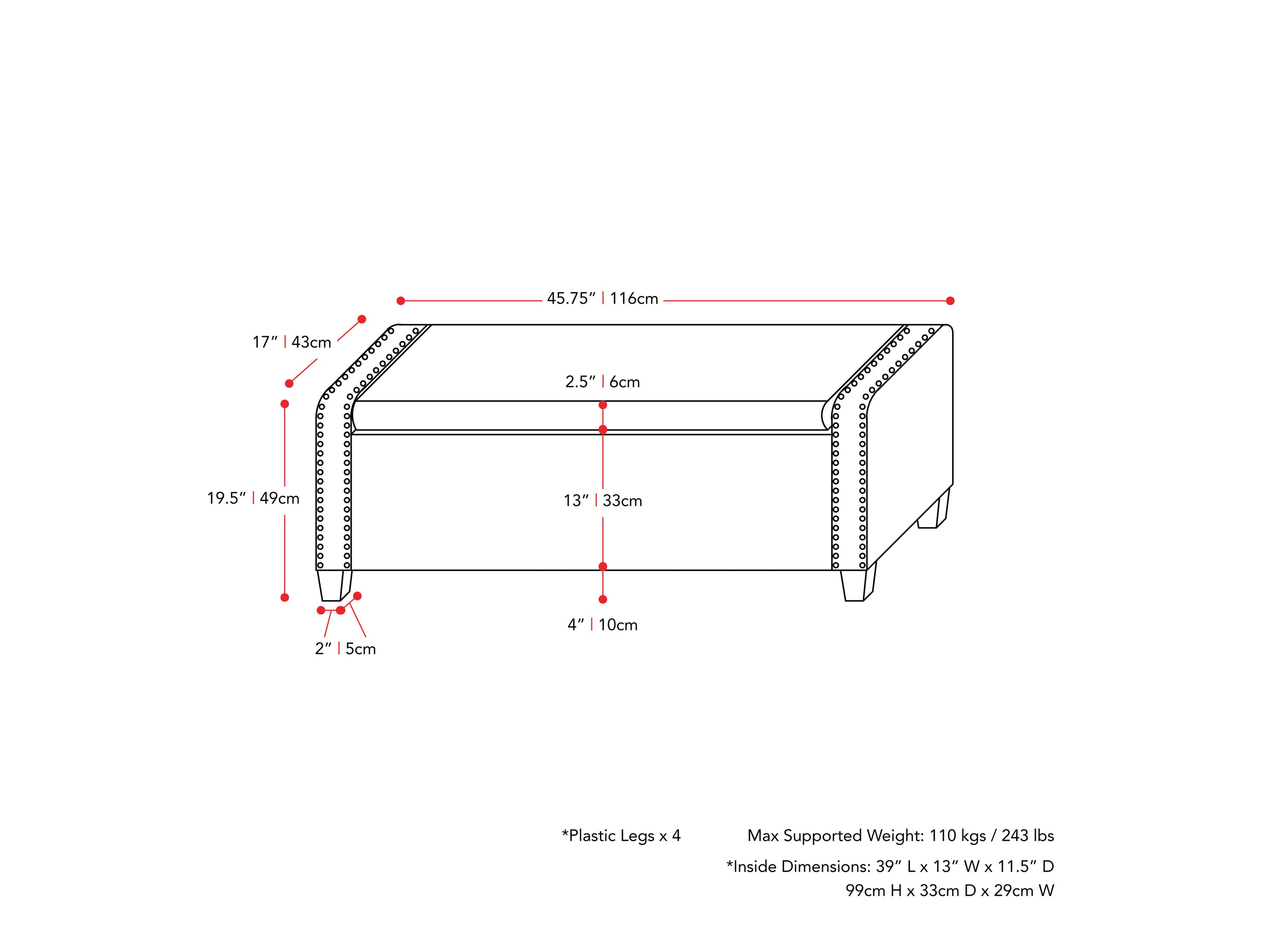 beige End of Bed Storage Bench Luna Collection measurements diagram by CorLiving#color_luna-beige