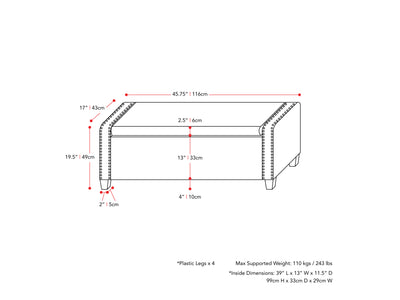 light grey End of Bed Storage Bench Luna Collection measurements diagram by CorLiving#color_luna-light-grey