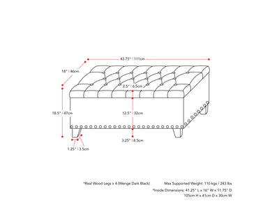 dark grey End of Bed Storage Bench Leilani Collection measurements diagram by CorLiving#color_leilani-dark-grey
