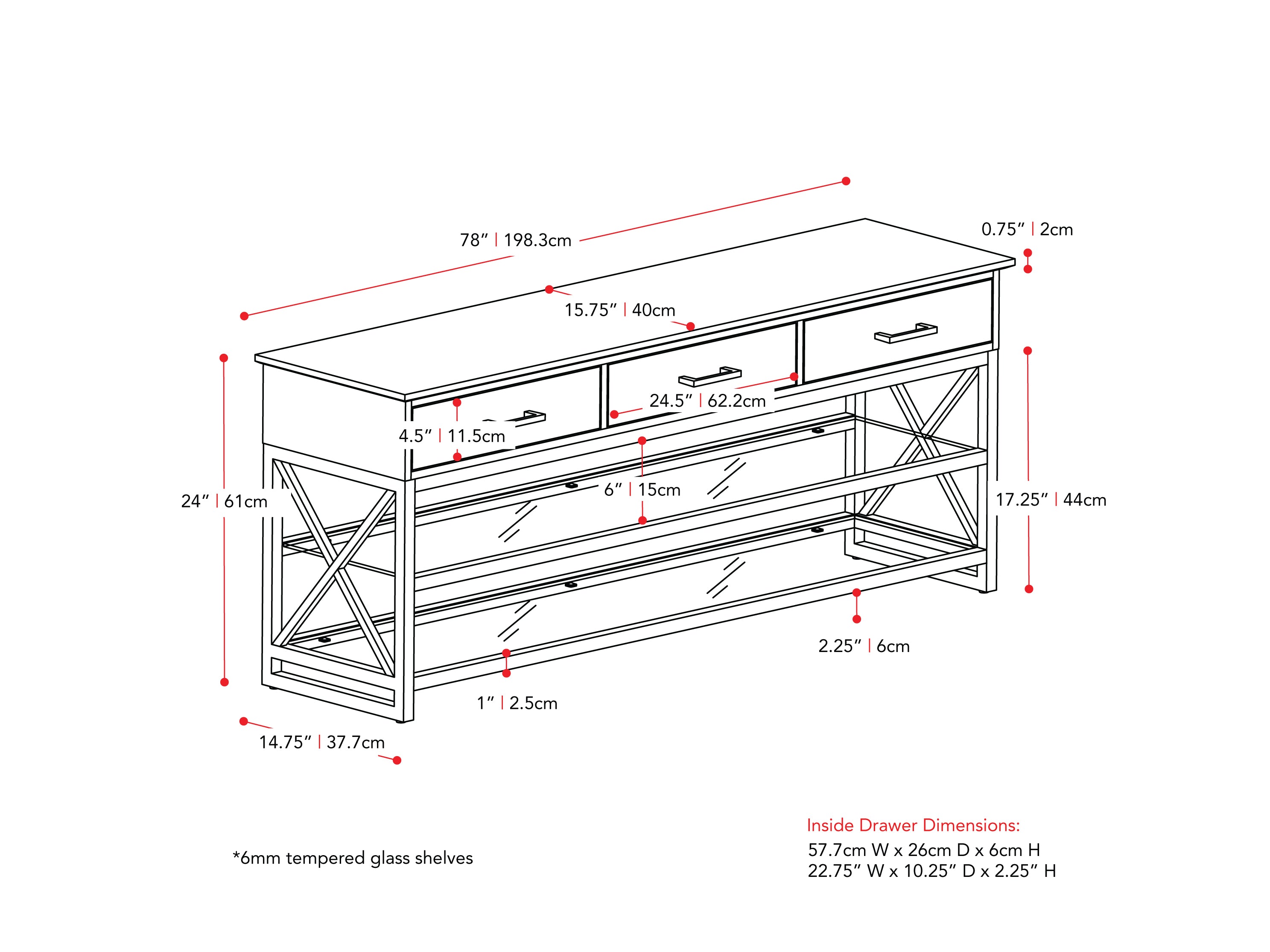 cherry brown TV Bench for TVs up to 95" Houston Collection measurements diagram by CorLiving#color_cherry-brown