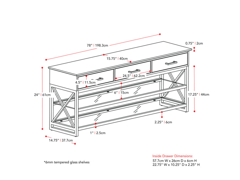 cherry brown TV Bench for TVs up to 95" Houston Collection measurements diagram by CorLiving