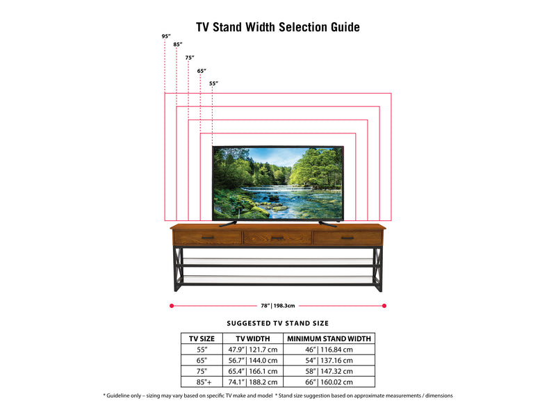 cherry brown TV Bench for TVs up to 95" Houston Collection infographic by CorLiving