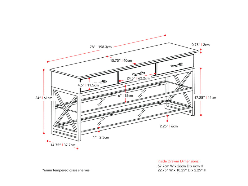 whitewash grey TV Bench for TVs up to 95" Houston Collection measurements diagram by CorLiving