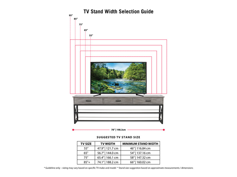 whitewash grey TV Bench for TVs up to 95" Houston Collection measurements diagram by CorLiving