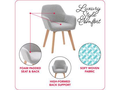 Set of 2 grey dining chairs with padded seats, wooden legs, and a sleek, modern design. Ideal for contemporary dining rooms, these chairs feature comfortable cushions and a durable, stylish finish.
