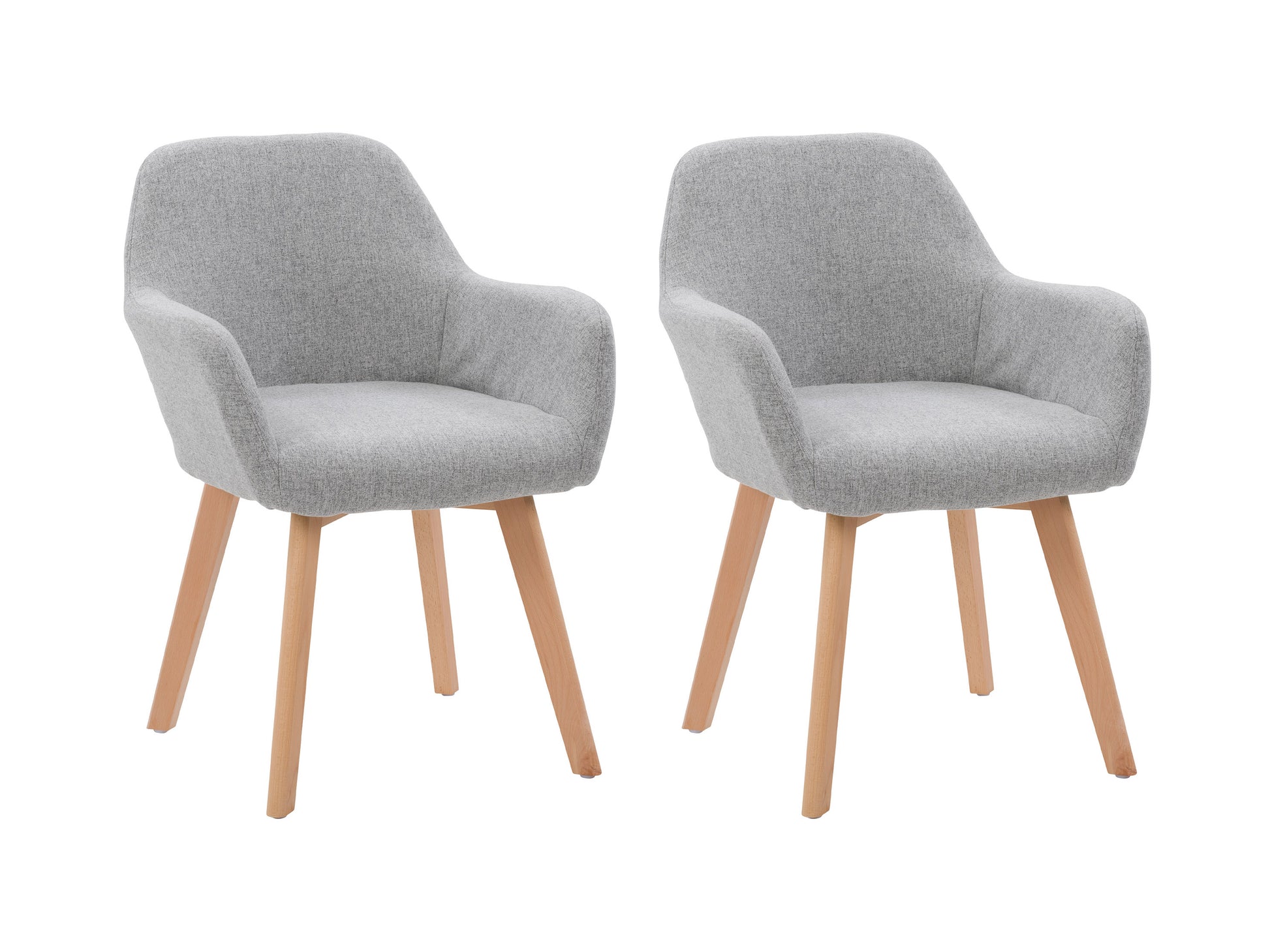Set of 2 grey dining chairs with padded seats, upholstered in soft fabric, featuring sleek wooden legs and a modern design perfect for contemporary dining rooms.