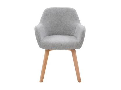 Set of two grey dining chairs with cushioned seats, sleek wooden legs, and a modern design. Ideal for contemporary dining spaces, these chairs offer comfort and style with their minimalist aesthetic and durable construction.