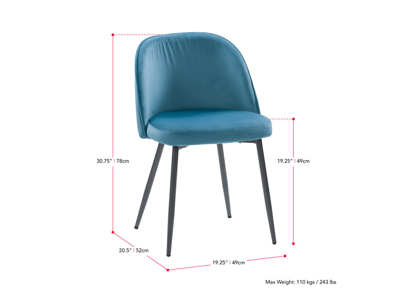 blue Velvet Side Chair Ayla Collection measurements diagram by CorLiving