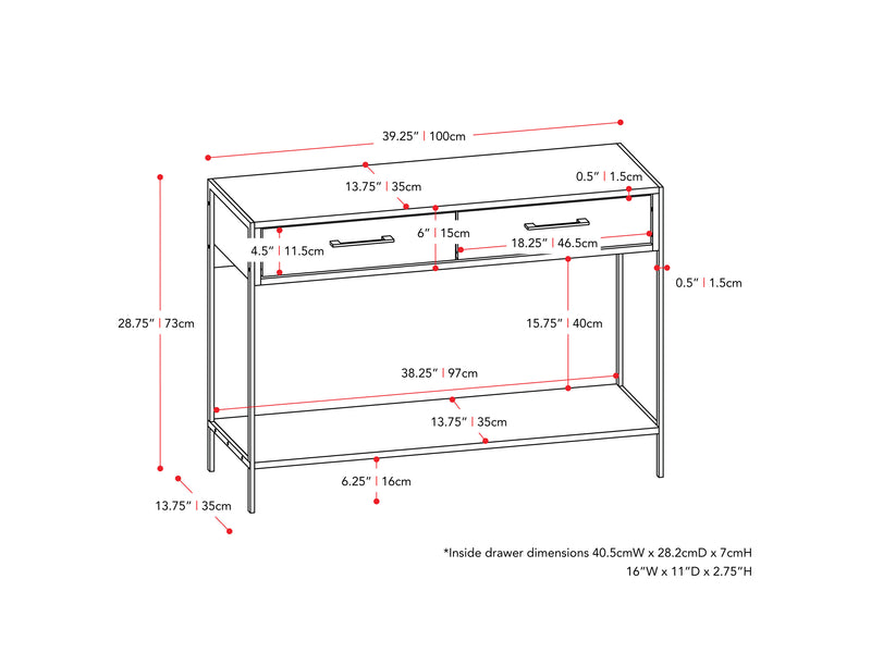 distressed carbon grey black duotone Farmhouse Console Table Joliet Collection measurements diagram by CorLiving