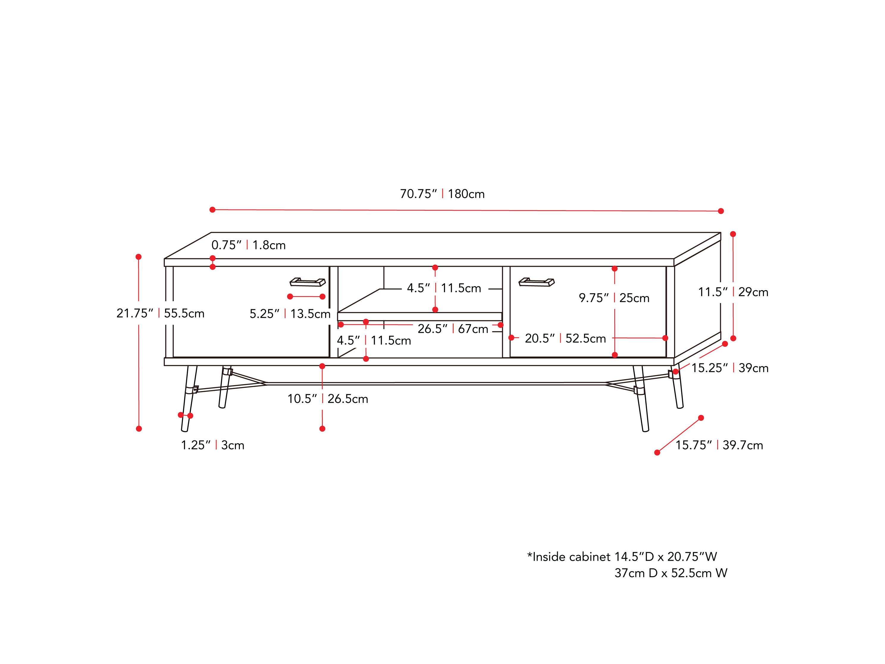 distressed carbon grey black duotone Mid Century Modern TV Stand for TVs up to 85" Aurora Collection measurements diagram by CorLiving#color_distressed-carbon-grey-black-duotone