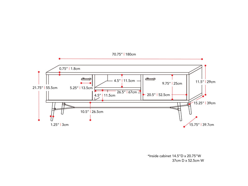 distressed carbon grey black duotone Mid Century Modern TV Stand for TVs up to 85" Aurora Collection measurements diagram by CorLiving