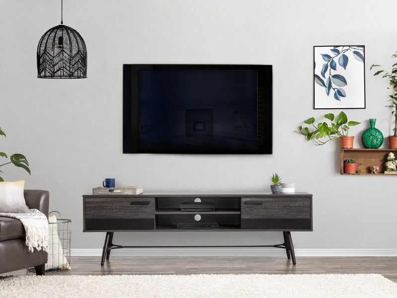 distressed carbon grey black duotone Mid Century Modern TV Stand for TVs up to 85" Aurora Collection lifestyle scene by CorLiving