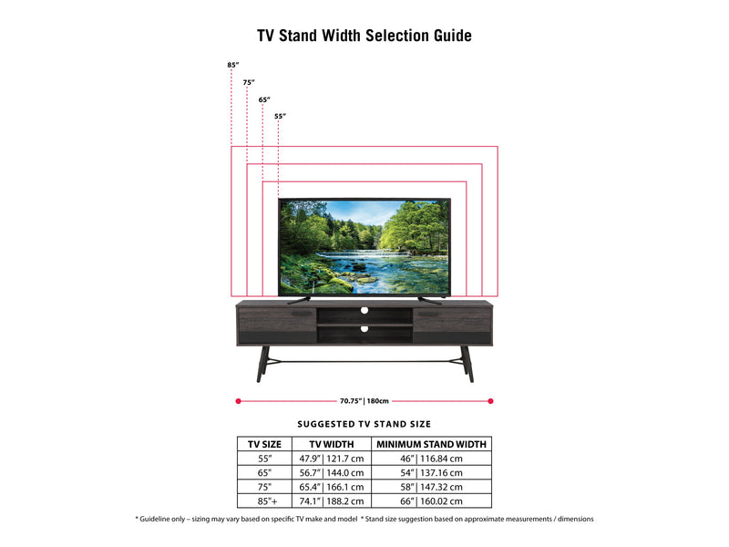 distressed carbon grey black duotone Mid Century Modern TV Stand for TVs up to 85" Aurora Collection infographic by CorLiving