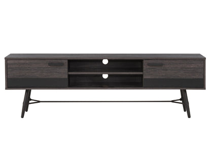 Mid-century modern TV stand for TVs up to 85 inches, featuring a walnut wood finish, sleek black metal legs, two sliding doors, and open shelving for media storage.