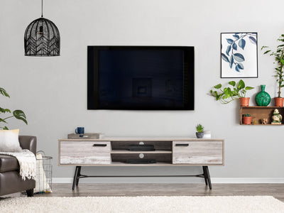 distressed light grey white duotone Mid Century Modern TV Stand for TVs up to 85" Aurora Collection lifestyle scene by CorLiving#color_distressed-light-grey-white-duotone