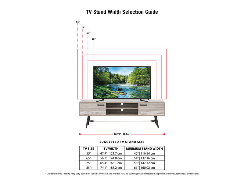 distressed light grey white duotone Mid Century Modern TV Stand for TVs up to 85" Aurora Collection infographic by CorLiving