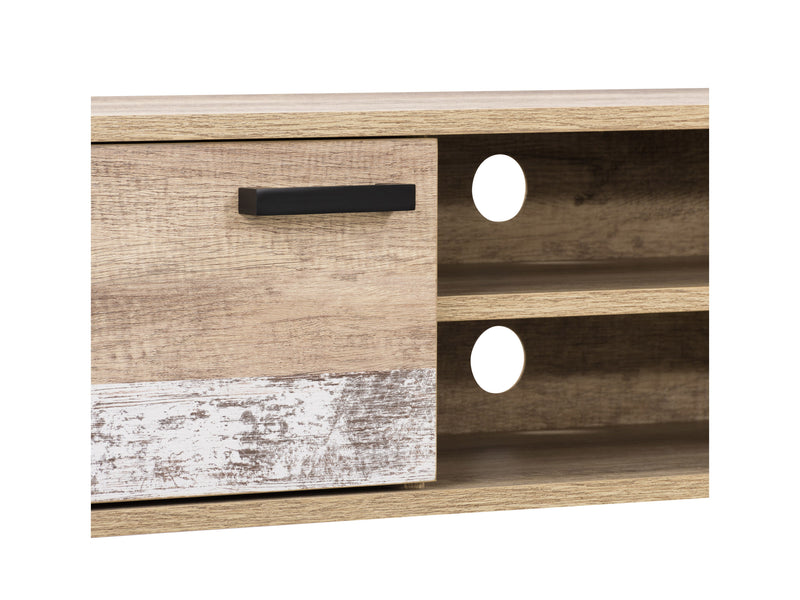 distressed warm beige white duotone Mid Century Modern TV Stand for TVs up to 85" Aurora Collection detail image by CorLiving