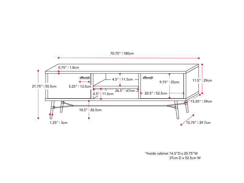distressed warm beige white duotone Mid Century Modern TV Stand for TVs up to 85" Aurora Collection measurements diagram by CorLiving