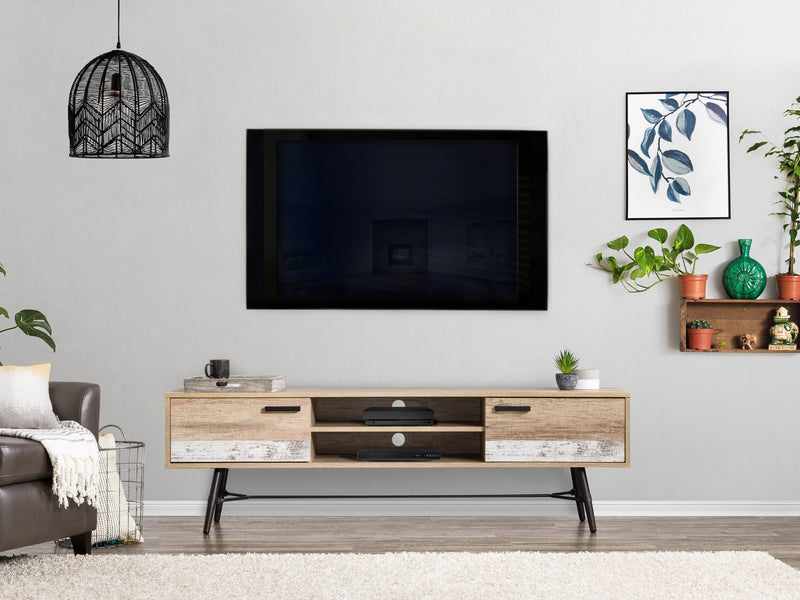distressed warm beige white duotone Mid Century Modern TV Stand for TVs up to 85" Aurora Collection lifestyle scene by CorLiving