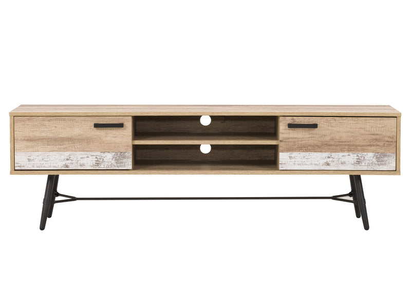 distressed warm beige white duotone Mid Century Modern TV Stand for TVs up to 85" Aurora Collection product image by CorLiving