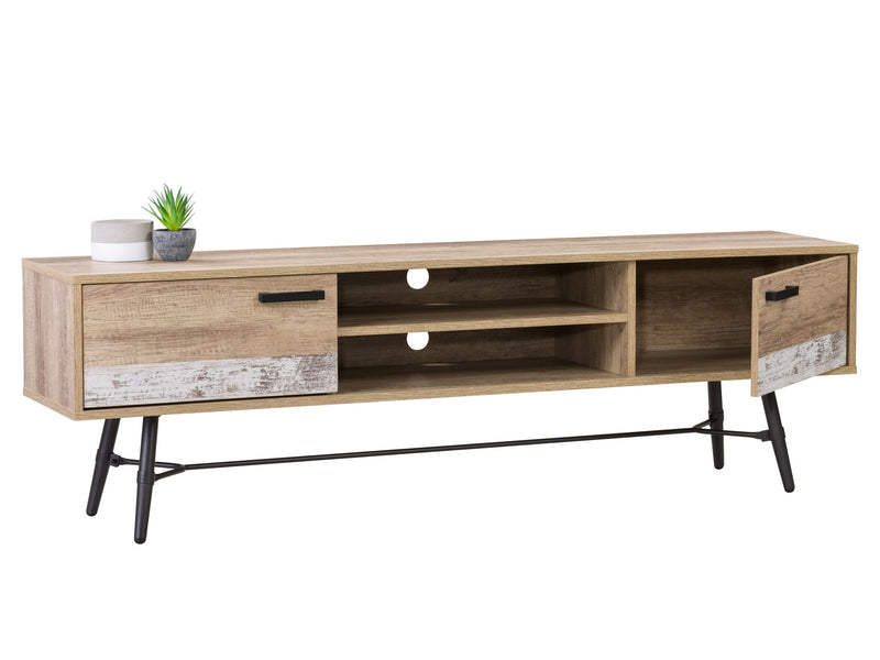distressed warm beige white duotone Mid Century Modern TV Stand for TVs up to 85" Aurora Collection product image by CorLiving