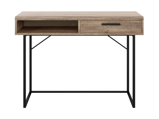 Modern wood computer desk with sleek design, featuring a dark walnut finish, sturdy metal legs, and a spacious tabletop for home office use. Ideal for workspaces needing a stylish and functional desk.
