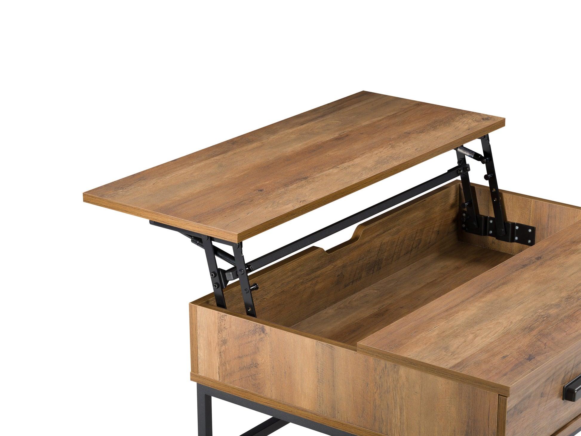 Rustic farmhouse lift top coffee table with a distressed white base and natural wood top, featuring storage compartments and metal hardware accents. Perfect for living rooms seeking a vintage, country-style aesthetic.
