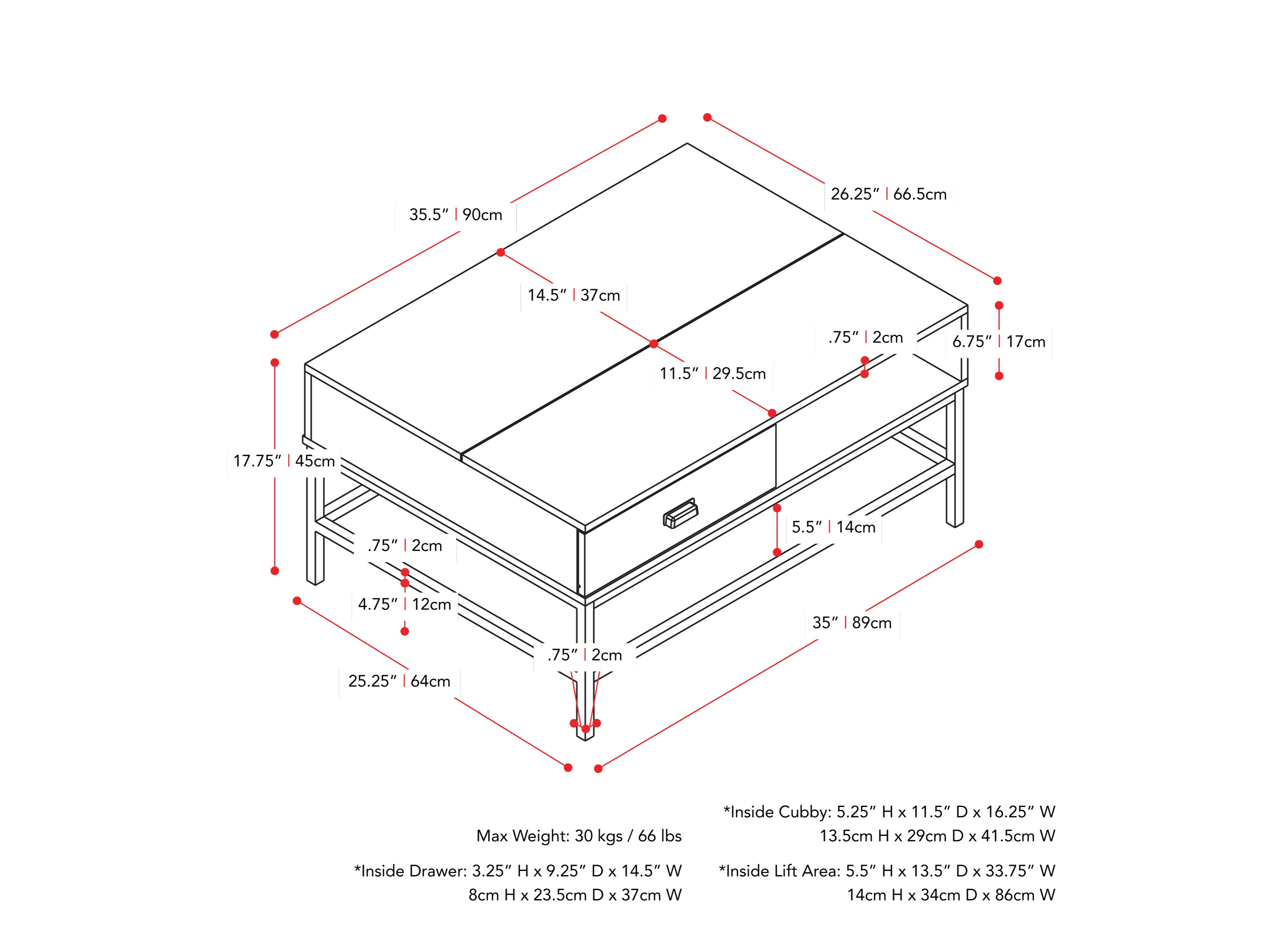 brown Farmhouse Lift Top Coffee Table Fort Worth Collection measurements diagram by CorLiving#color_fort-worth-brown-wood