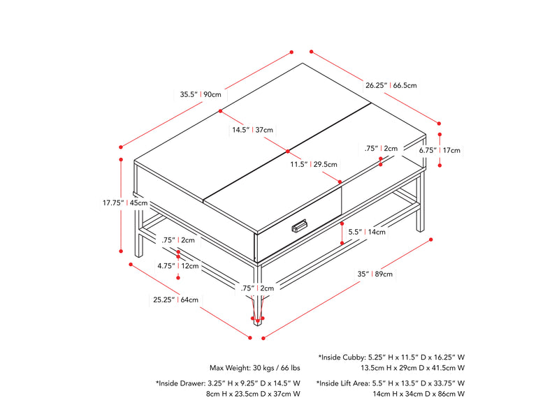 brown Farmhouse Lift Top Coffee Table Fort Worth Collection measurements diagram by CorLiving