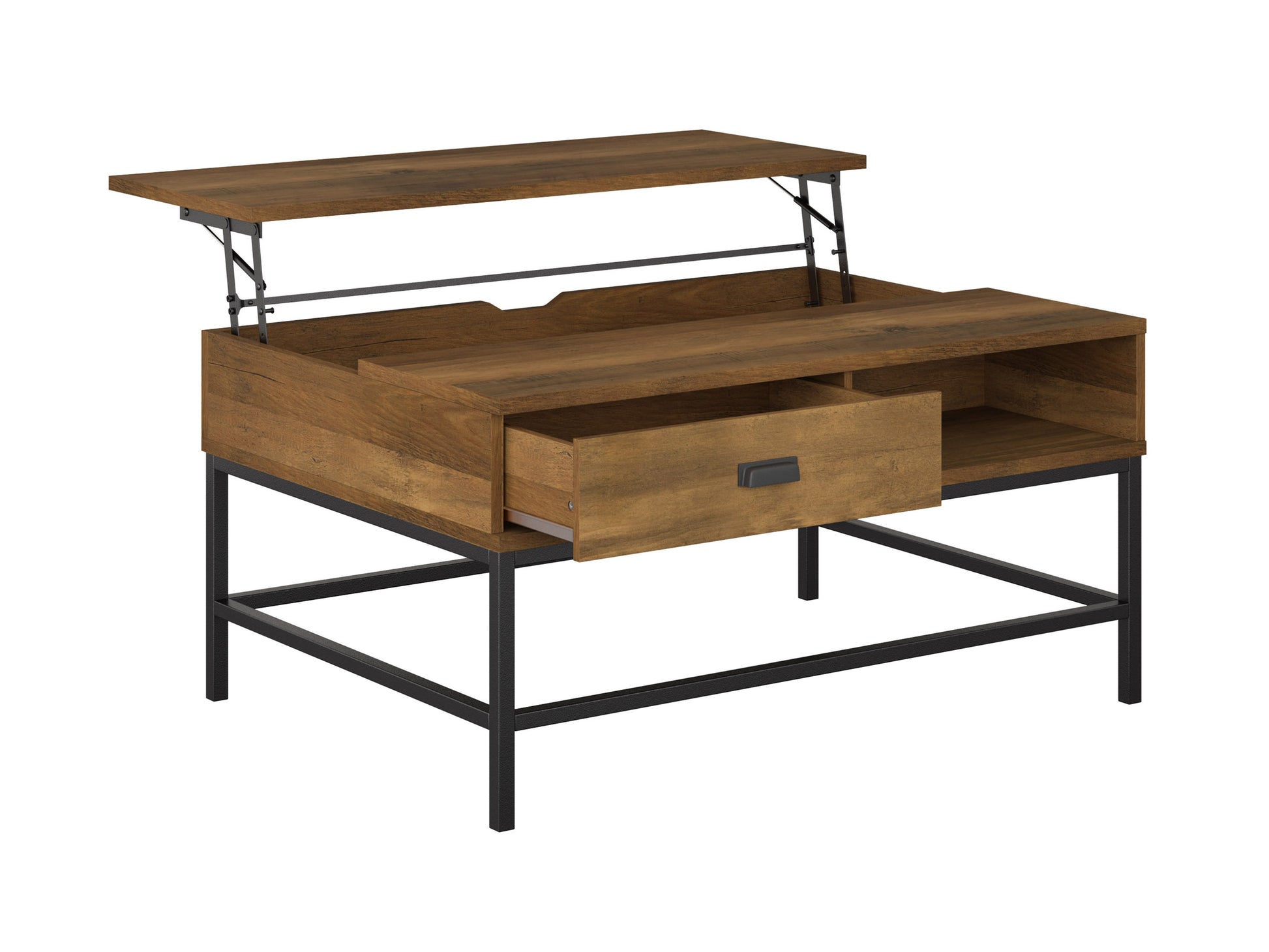Rustic farmhouse lift top coffee table with a natural wood finish, black metal hardware, and a spacious storage compartment. Ideal for living rooms, this versatile coffee table combines style and functionality.