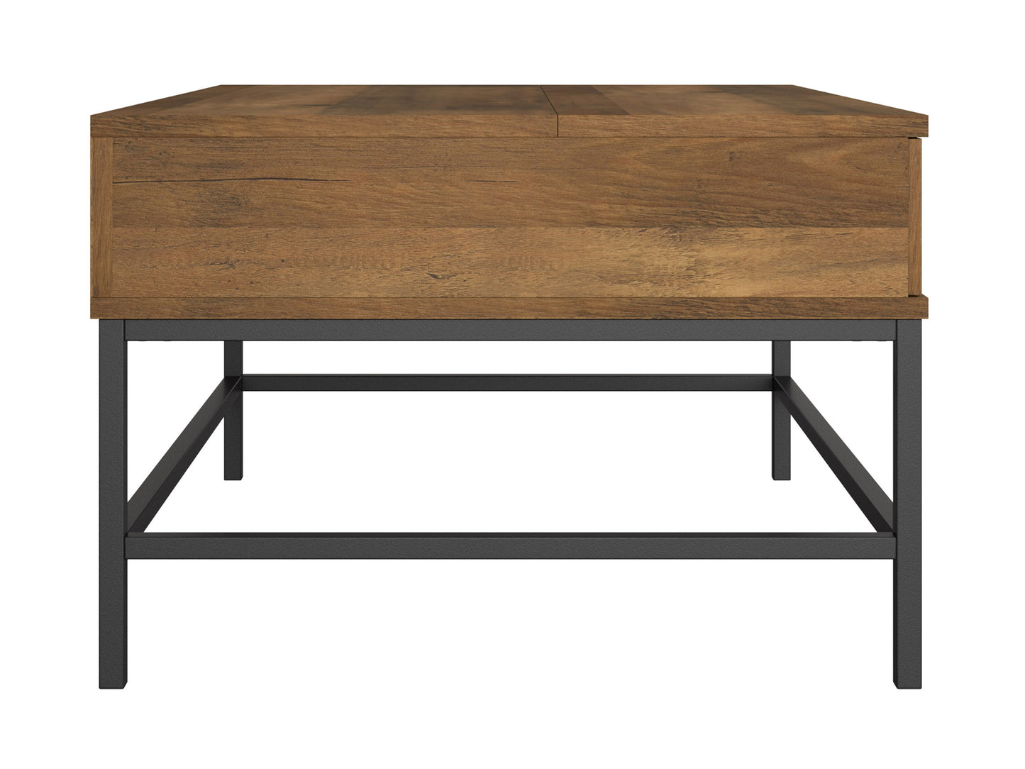 Farmhouse lift top coffee table with a distressed white finish, natural wood top, and black metal hardware; features a spacious storage compartment and a rustic, vintage design perfect for living rooms.