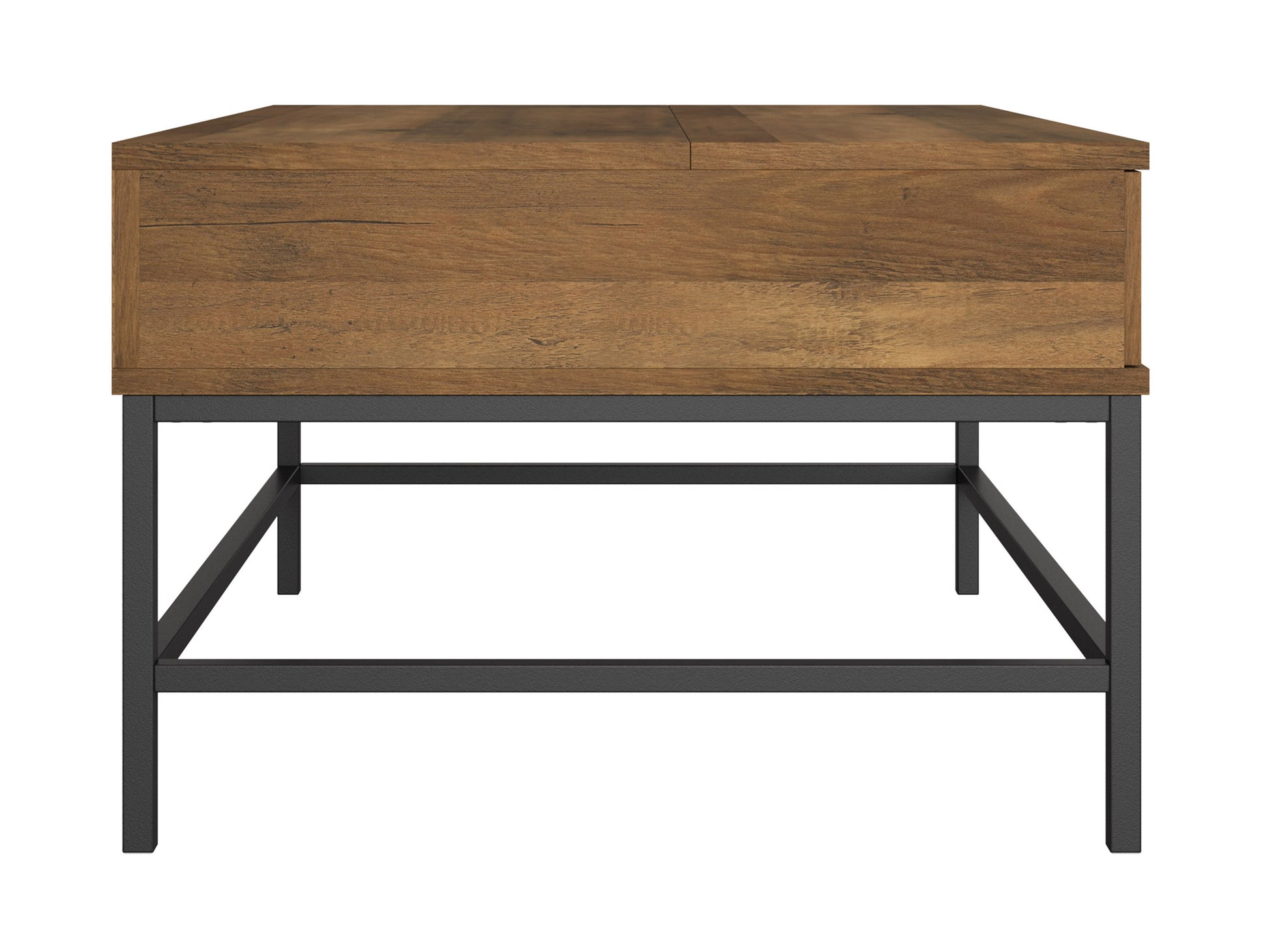 Farmhouse lift top coffee table with a distressed white finish, natural wood top, and black metal hardware; features a spacious storage compartment and a rustic, vintage design perfect for living rooms.