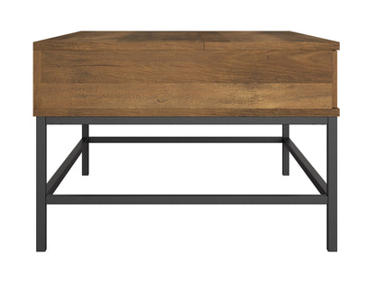 Farmhouse lift top coffee table with a distressed white finish, natural wood top, and black metal hardware; features a spacious storage compartment and a rustic, vintage design perfect for living rooms.