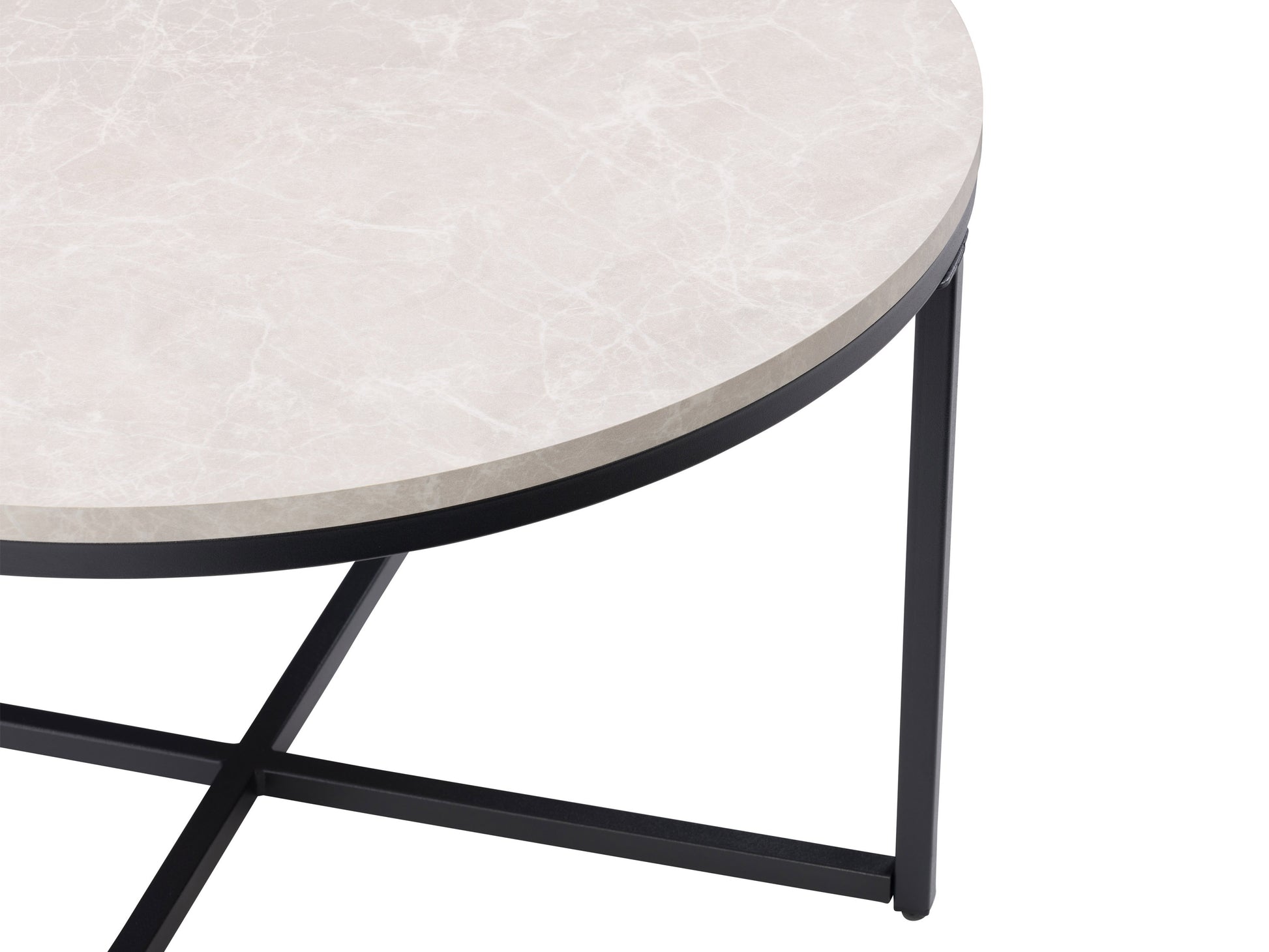 Rustic wood round coffee table with natural finish, featuring a sturdy black metal frame and geometric base design. Ideal for living rooms, blending modern and industrial styles.