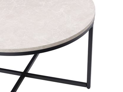 Rustic wood round coffee table with natural finish, featuring a sturdy black metal frame and geometric base design. Ideal for living rooms, blending modern and industrial styles.