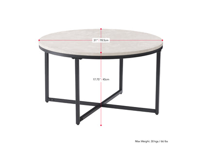 Round wood coffee table with natural finish, sleek black metal legs, and a minimalist design perfect for modern living rooms.
