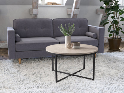 Modern round wood coffee table with a natural finish, featuring a sleek black metal frame and a lower shelf for storage. Ideal for contemporary living rooms, combining rustic wood textures with industrial design elements.