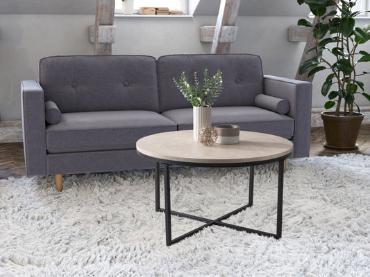 Modern round wood coffee table with a natural finish, featuring a sleek black metal frame and a lower shelf for storage. Ideal for contemporary living rooms, combining rustic wood textures with industrial design elements.