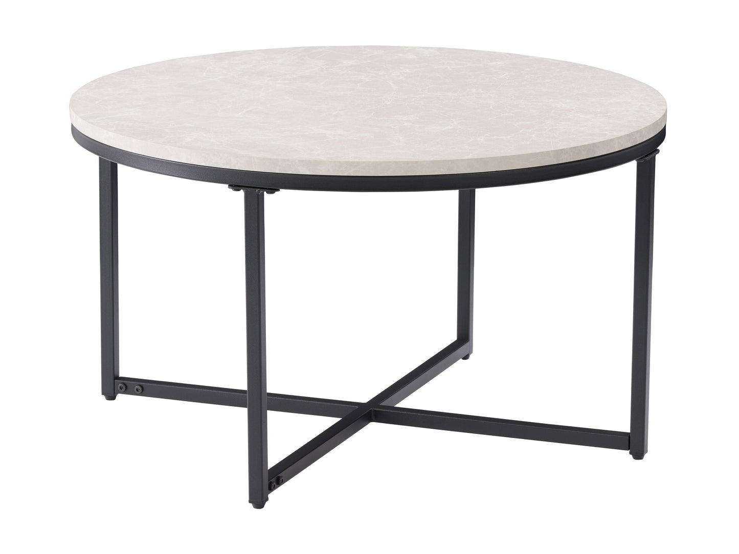 Round wooden coffee table with natural finish, sturdy black metal legs, and rustic design. Ideal for living rooms, this table combines modern and farmhouse styles, perfect for home decor enthusiasts.