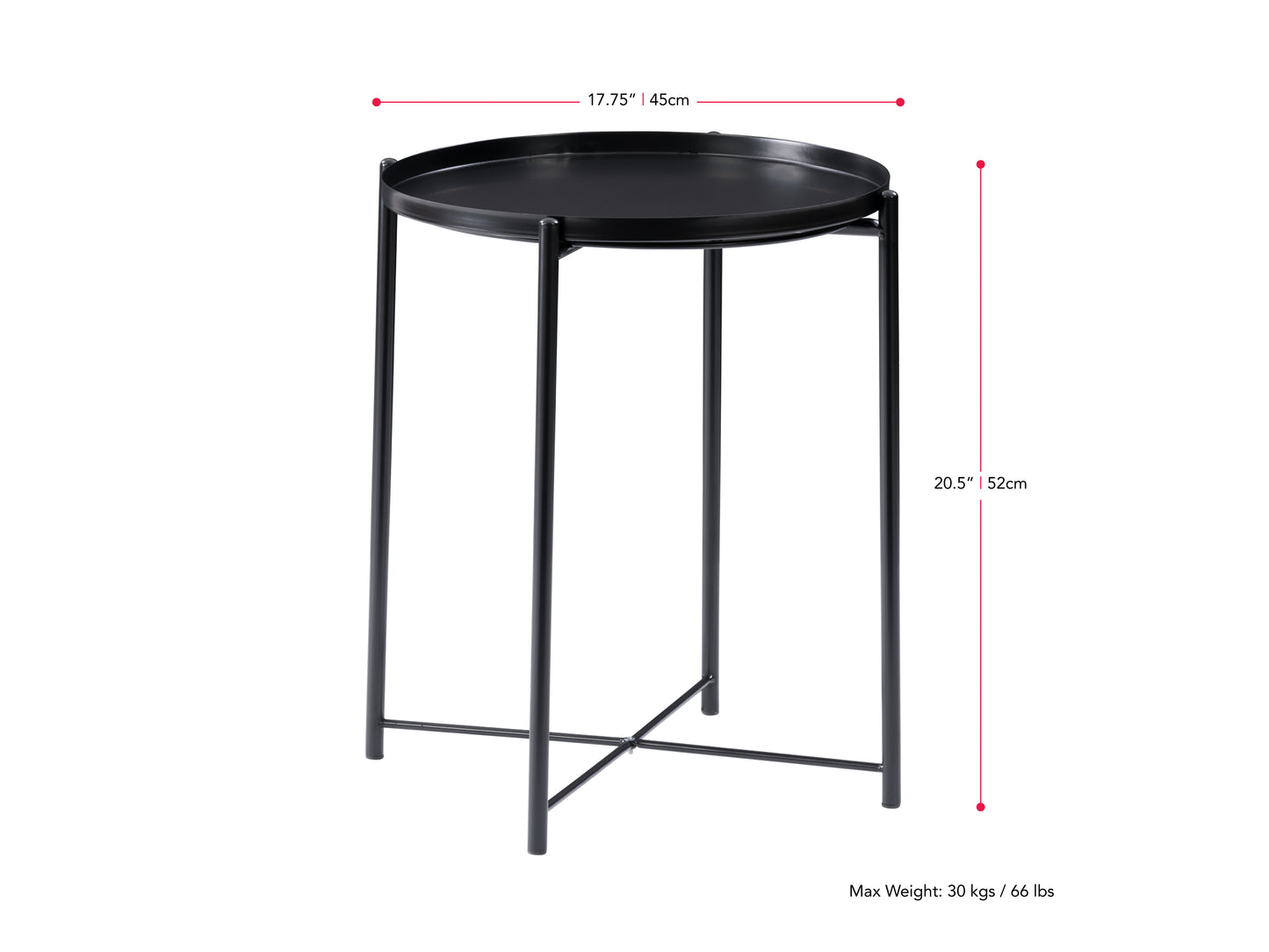 Black metal side table with a round wooden top, sleek black frame, and minimalist design, perfect for modern living rooms or bedrooms.