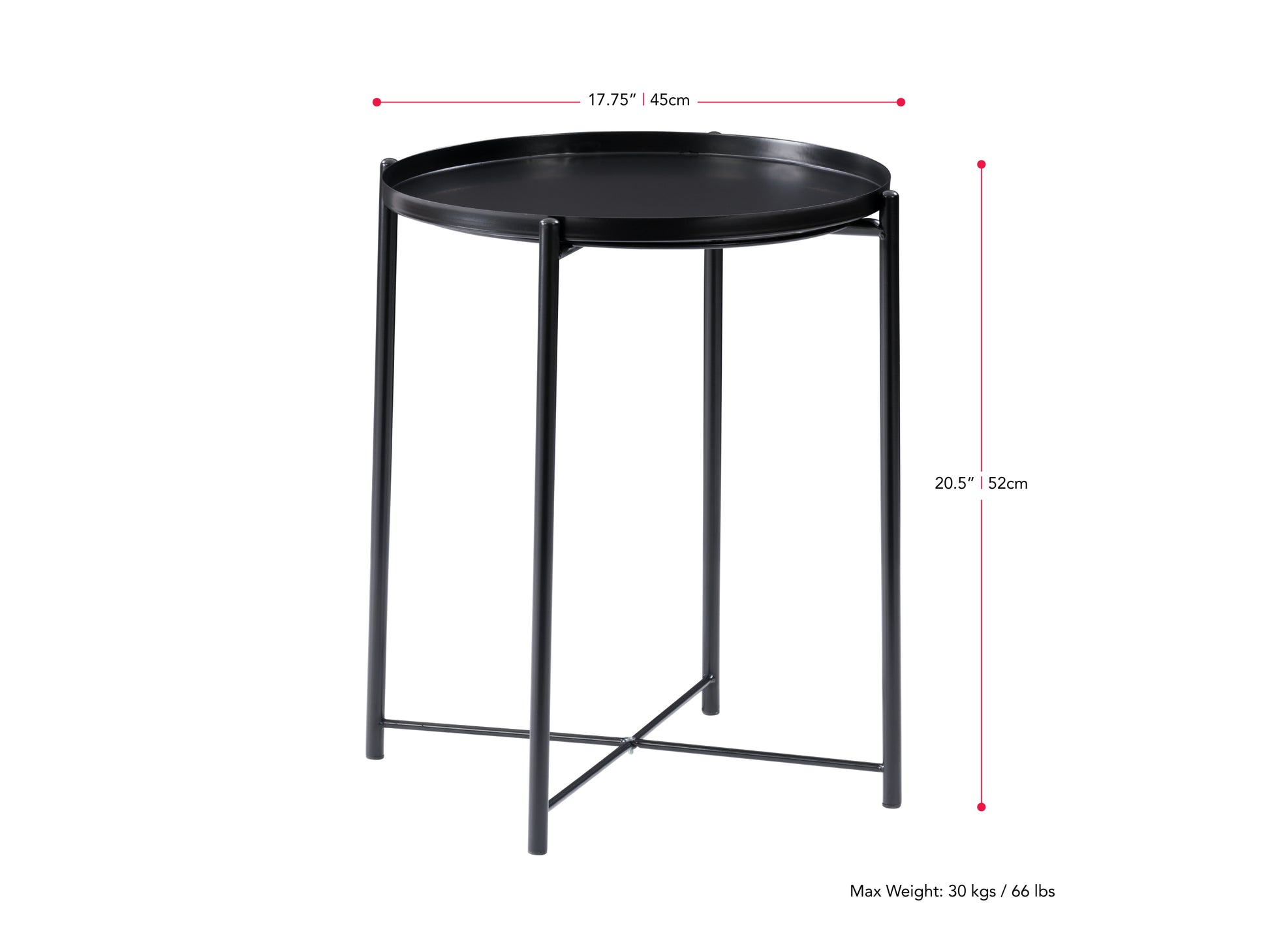 Black metal side table with a round wooden top, sleek black frame, and minimalist design, perfect for modern living rooms or bedrooms.