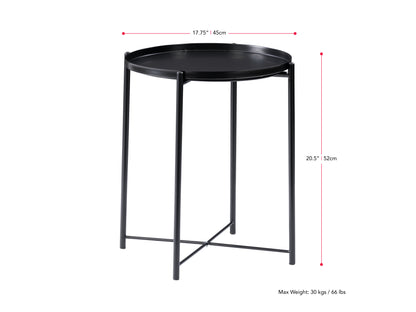 Black metal side table with a round wooden top, sleek black frame, and minimalist design, perfect for modern living rooms or bedrooms.