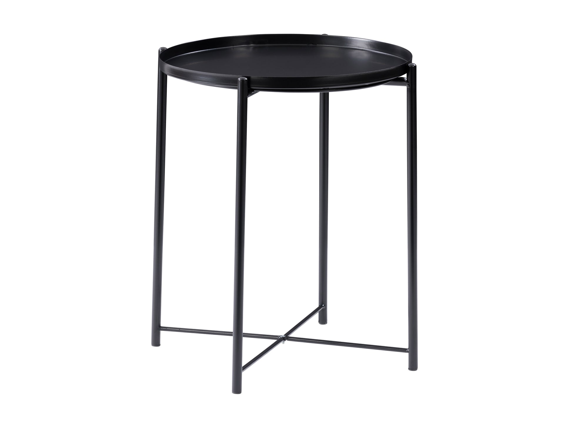 Black metal side table with a sleek, minimalist design, featuring a round tabletop and sturdy crossed legs. Ideal for modern living rooms or bedrooms, this versatile accent table complements contemporary decor.