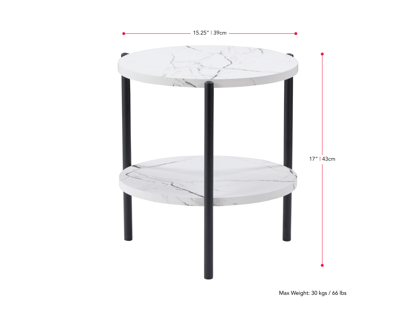 Round two-tier side table with a black metal frame, light wood shelves, and a minimalist design perfect for modern living rooms or bedrooms.