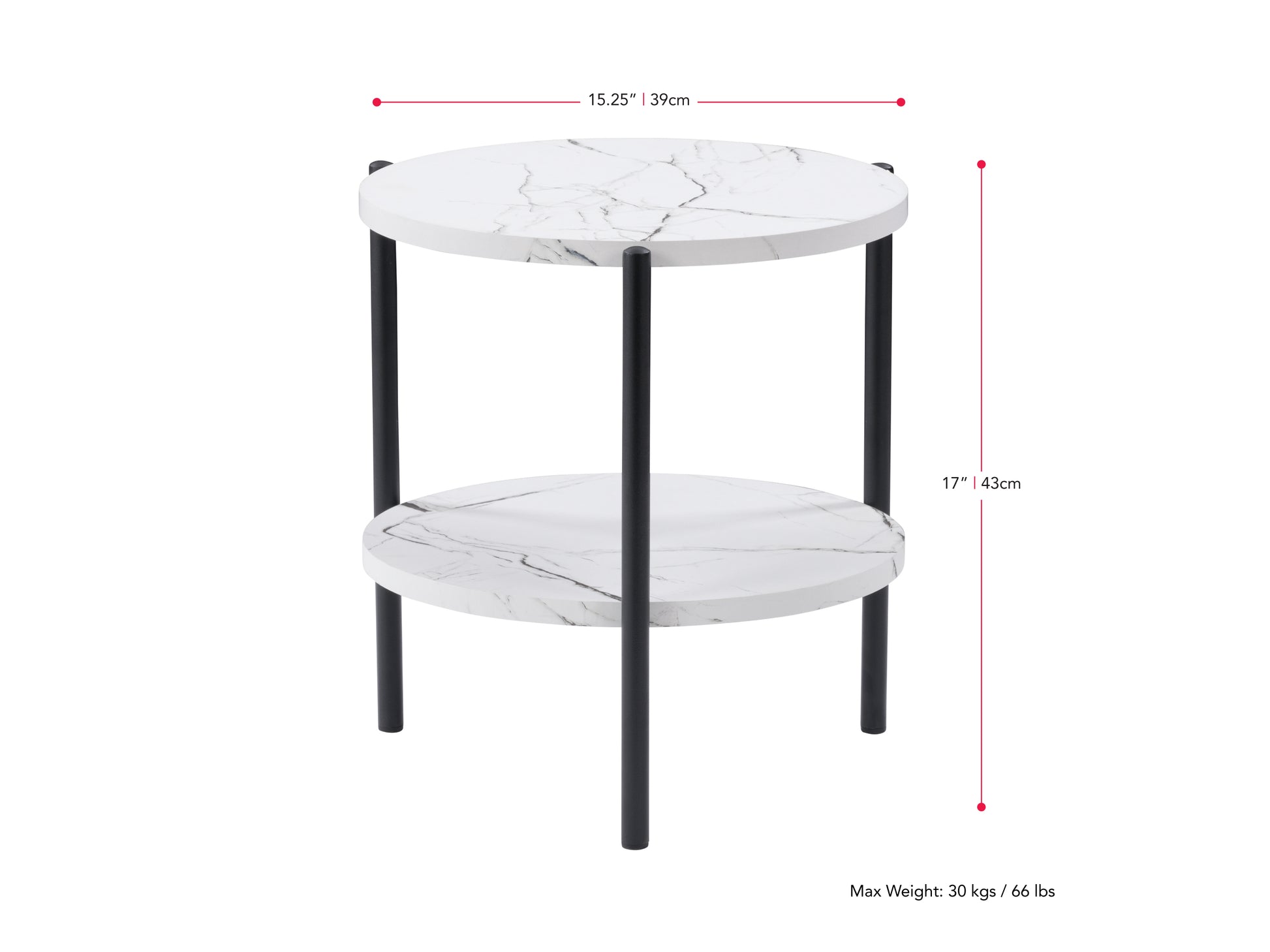 Round two-tier side table with a black metal frame, light wood shelves, and a minimalist design perfect for modern living rooms or bedrooms.