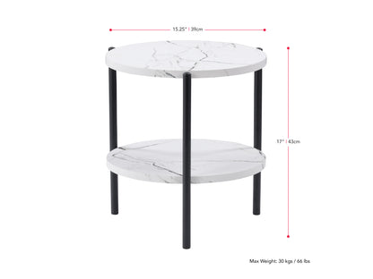 Round two-tier side table with a black metal frame, light wood shelves, and a minimalist design perfect for modern living rooms or bedrooms.