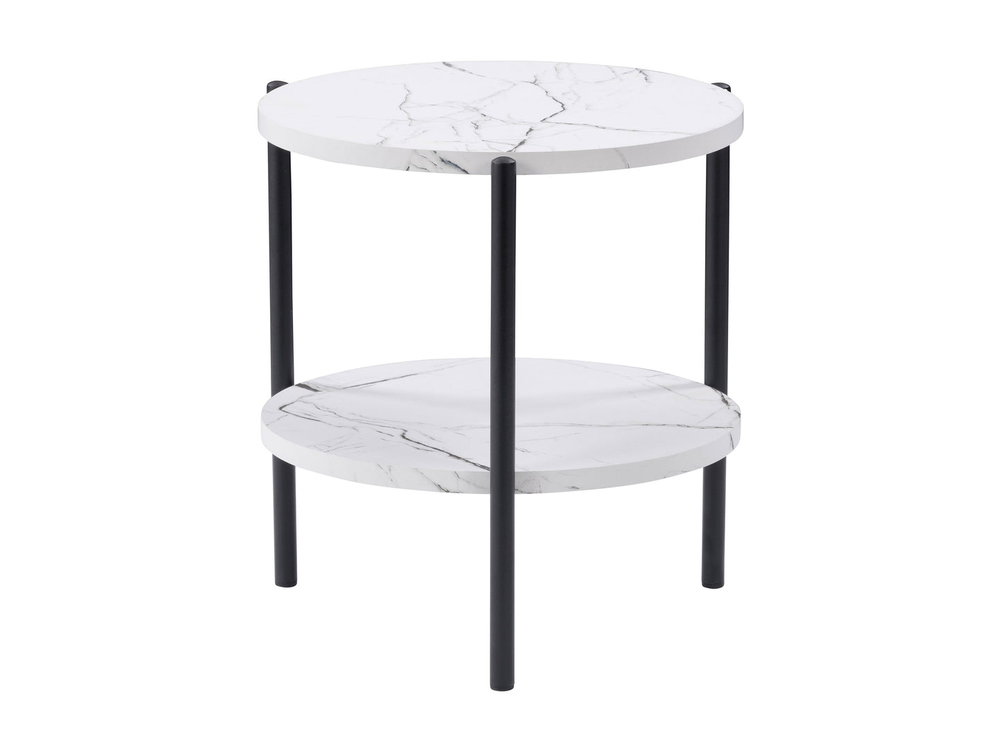 Round two-tier side table with a sleek gold metal frame and white marble shelves, perfect for modern living rooms or bedrooms.