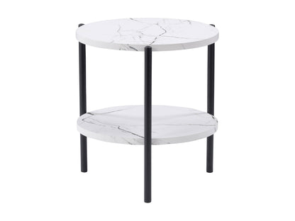 Round two-tier side table with a sleek gold metal frame and white marble shelves, perfect for modern living rooms or bedrooms.