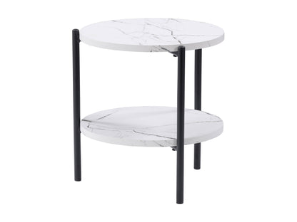 Round two-tier side table with a sleek black metal frame and glass shelves, featuring a contemporary design perfect for modern living rooms and bedrooms.